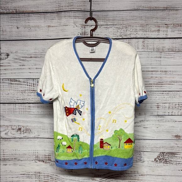 Breckenridge White Blue Embroidered Whimsical Cardigan Small Farm Angel Vintage - Picture 1 of 8